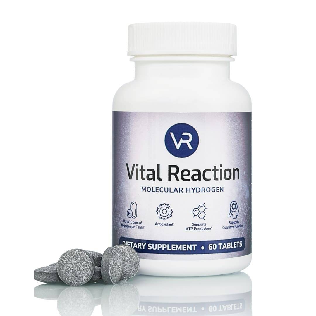 H2 tablets next to vital reaction molecular hydrogen tablets bottle