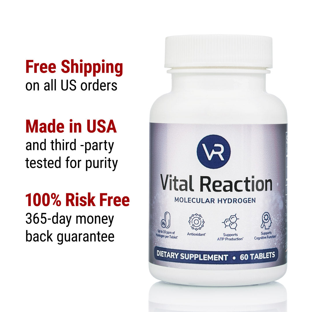 vital reaction molecular hydrogen tablet perks: free shipping, made in the usa, 365-day money back guarantee