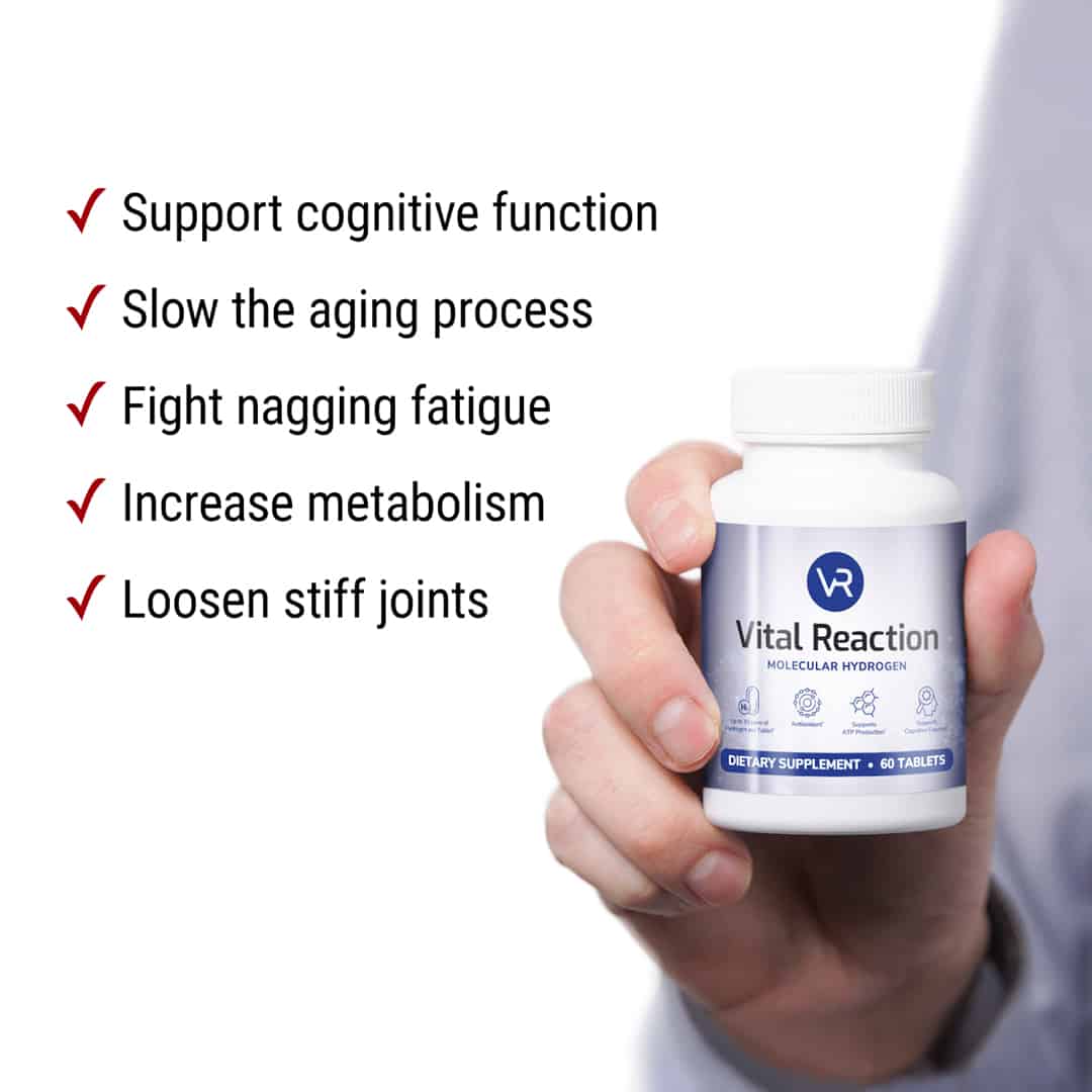 benefits of vital reaction molecular hydrogen tablets and a hand holding bottle of vital reaction molecular hydrogen tablets