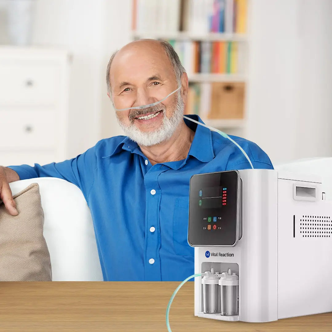Vital Reaction Clinical Molecular Hydrogen Inhaler in use by elderly man