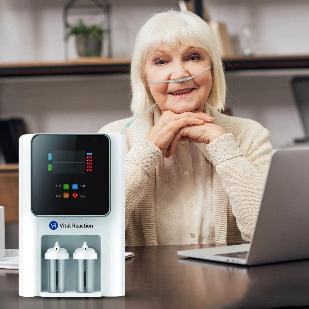 Vital Reaction Clinical Molecular Hydrogen Inhaler in use by elderly woman