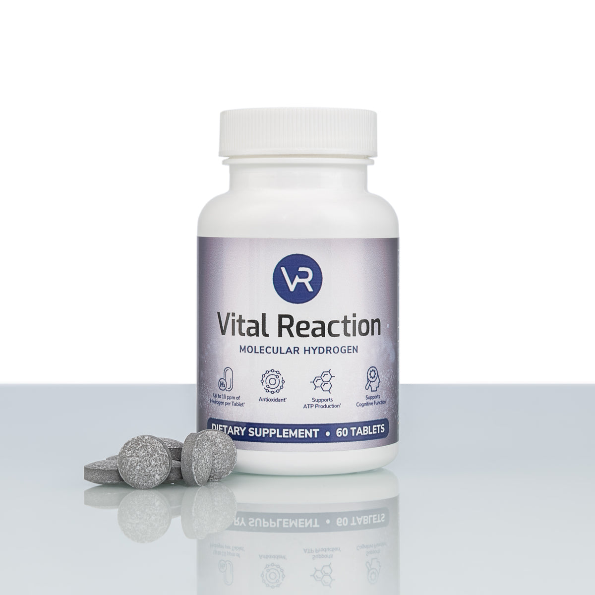 H2 tablets next to vital reaction molecular hydrogen tablets bottle