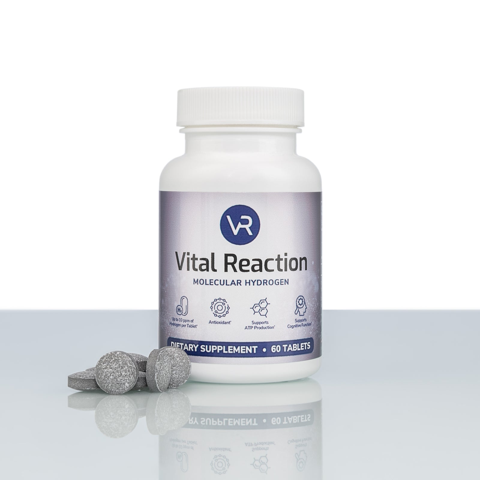 H2 tablets next to vital reaction molecular hydrogen tablets bottle